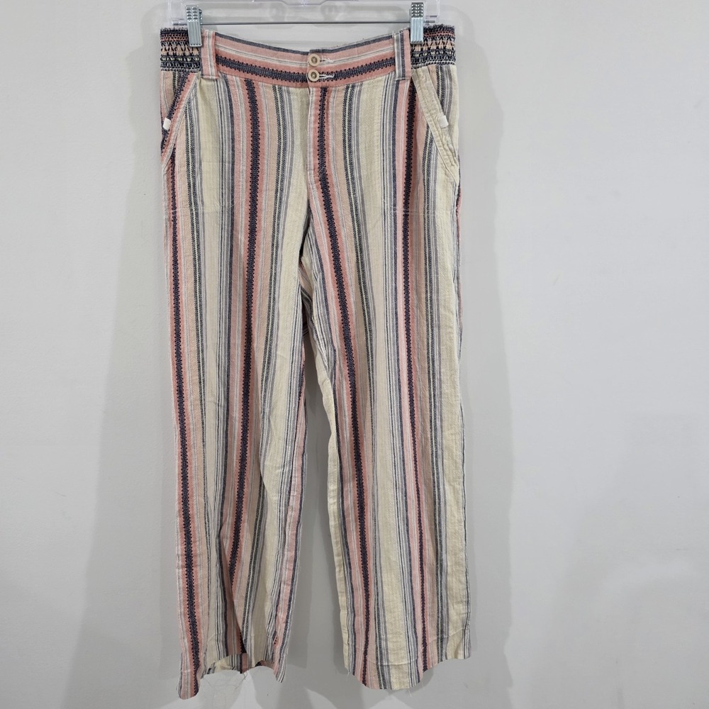 Womens Linen Striped Pants Size 11‎ Cropped Beach Coastal Euro Summer Fisherman